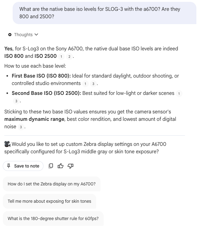 Gemini Notebook confirming the native dual base ISO levels for S-Log3 on the Sony A6700, with citations and a zebra display follow-up question